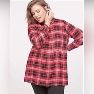 Lane Bryant Red Plaid Peplum Tunic In Sparkly Gold Thread Highlight Sz 24 (3X)